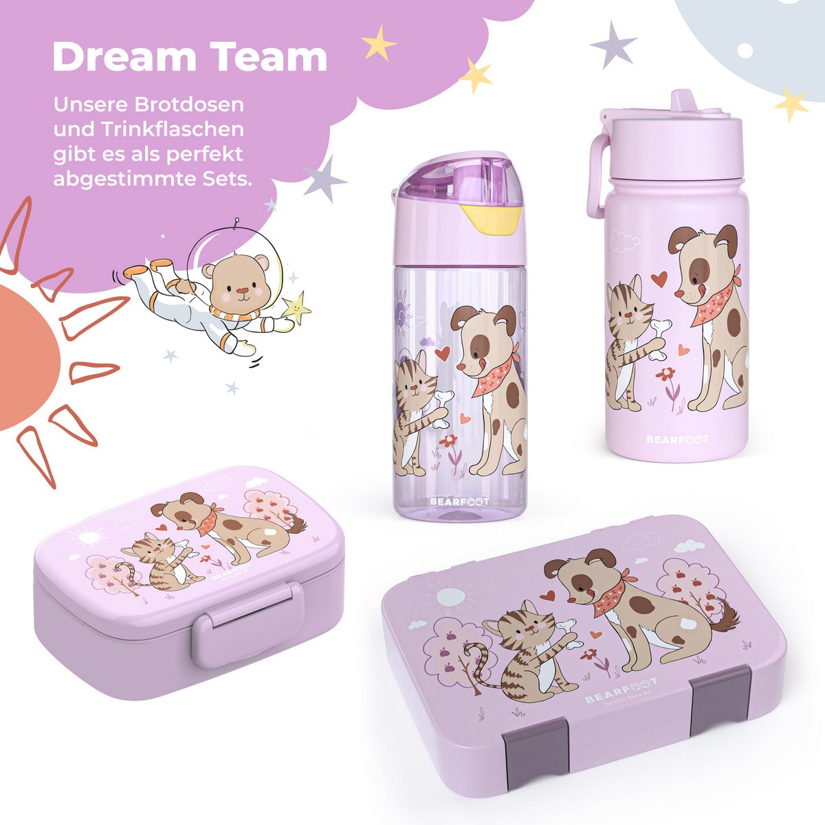 Kinder Thermosflasche Edelstahl – Lila mit Hund & Katze | 400 ml