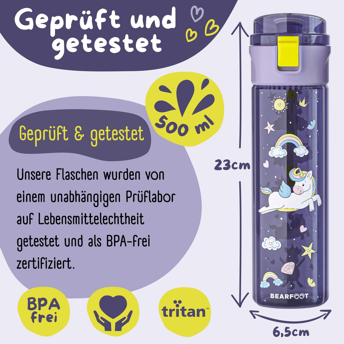Kinder Trinkflasche 500ml - Einhorn Lila
