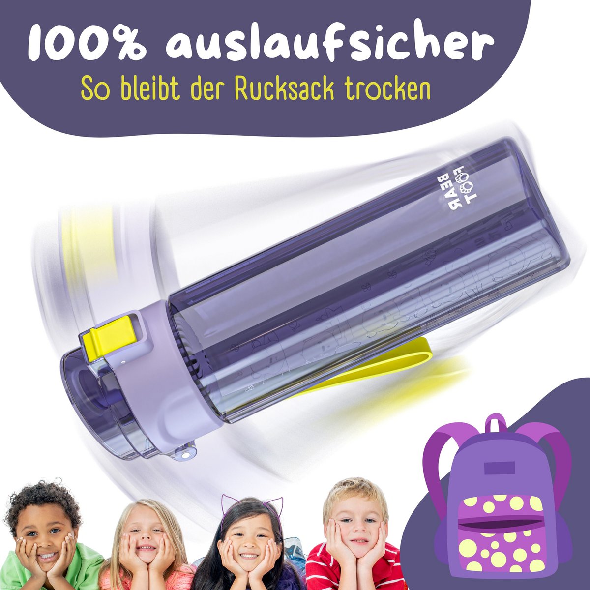 Kinder Trinkflasche 500 ml – Bär Logo Lila-Pink