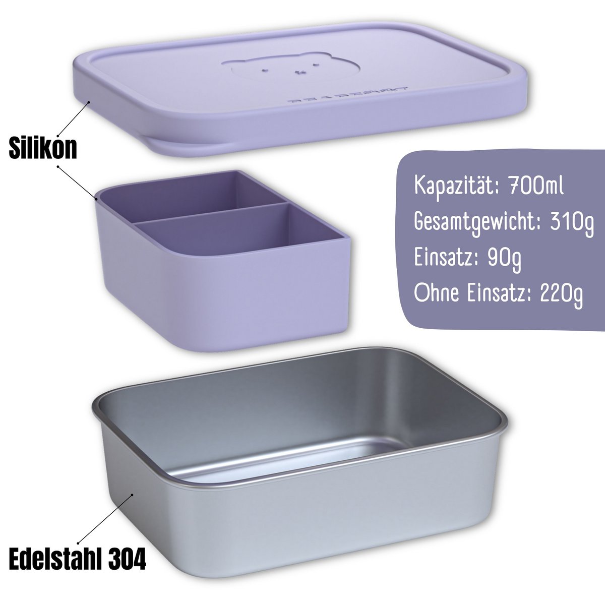 Kinder Brotdose Edelstahl mit Silikoneinsatz - Lavendel