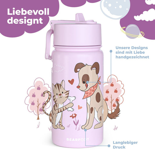 Kinder Thermosflasche Edelstahl – Lila mit Hund & Katze | 400 ml