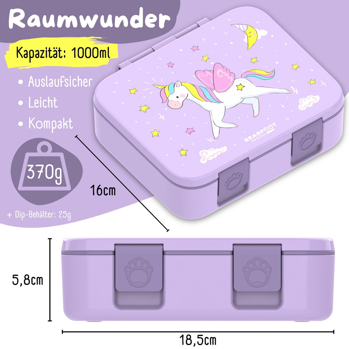 COMPACT Kids Lunch Box Bento Box - Unicorn purple
