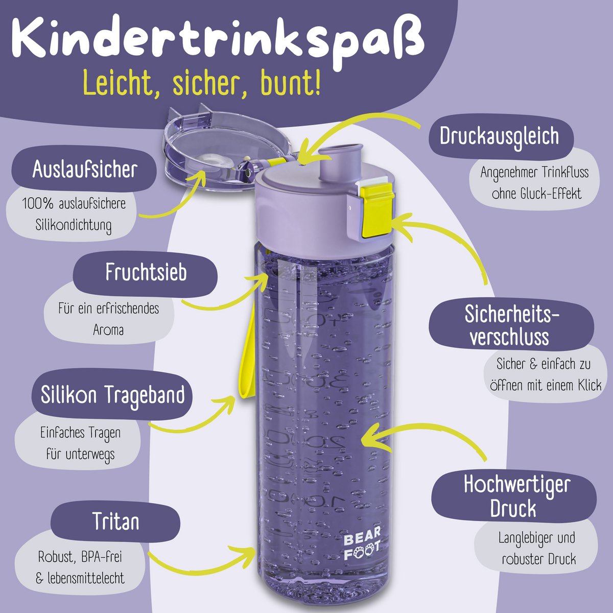 Kinder Trinkflasche 500 ml – Bär Logo Lila-Pink
