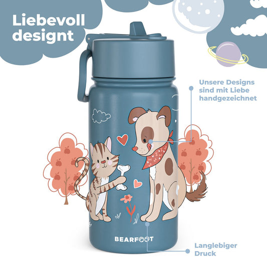 Kinder Thermosflasche Edelstahl – Blau mit Hund & Katze | 400 ml