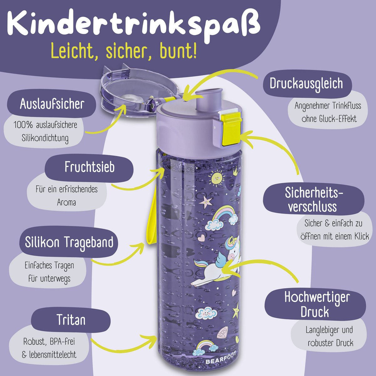Kinder Trinkflasche 500ml - Einhorn Lila