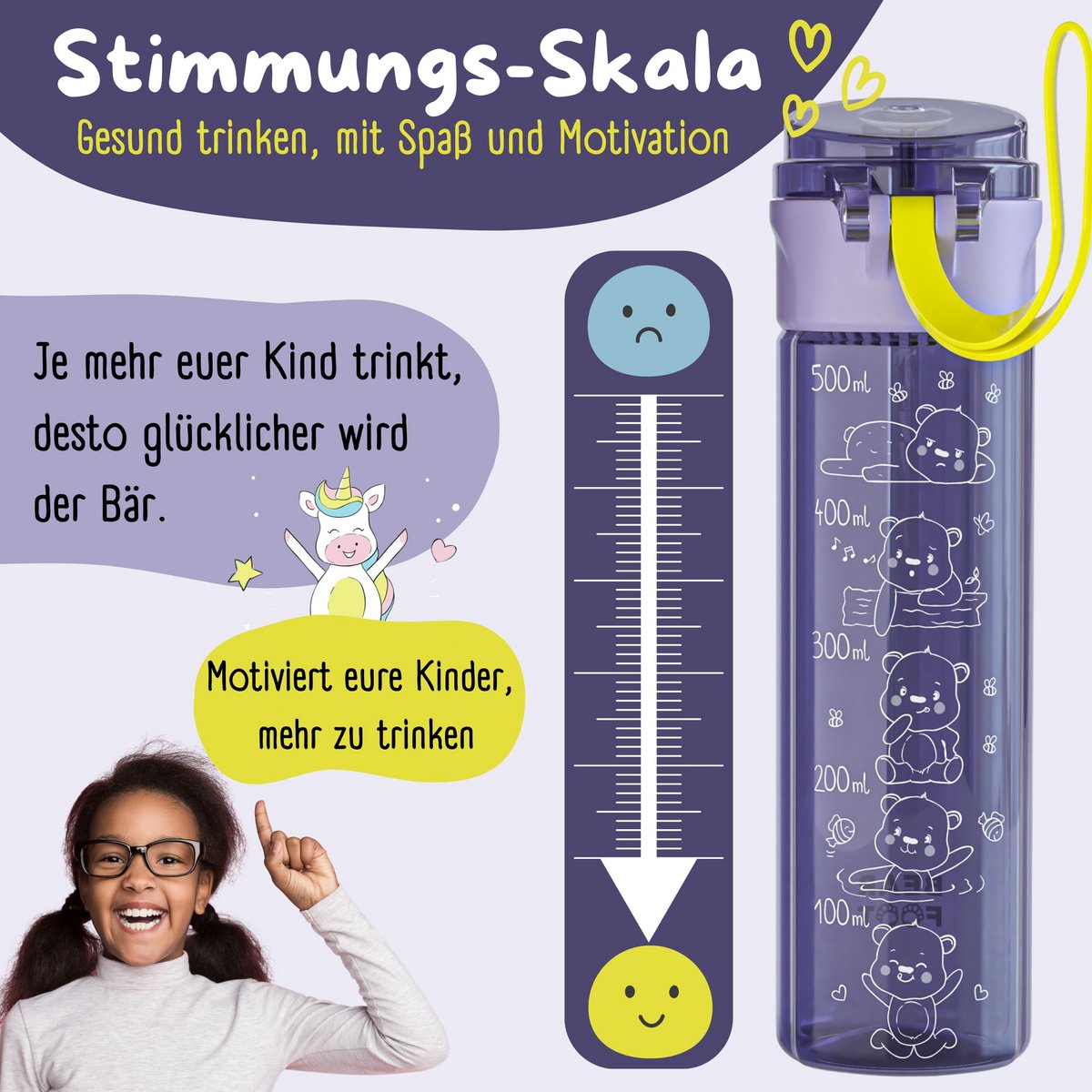 Kinder Trinkflasche 500 ml – Bär Logo Lila-Pink