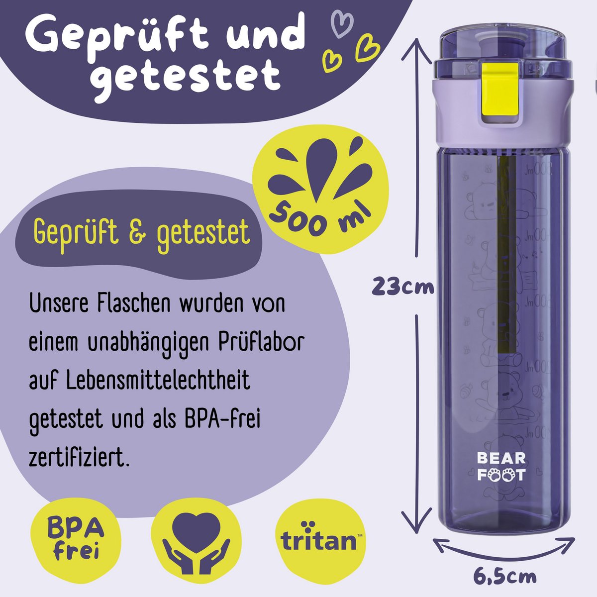 Kinder Trinkflasche 500 ml – Bär Logo Lila-Pink