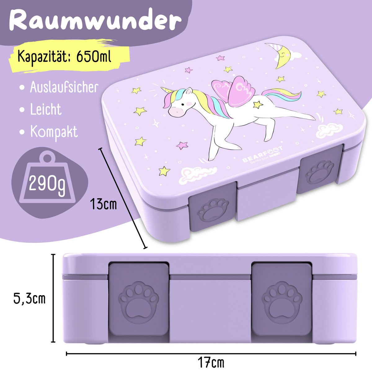COMPACT Kids Lunch Box Bento Box - Unicorn purple