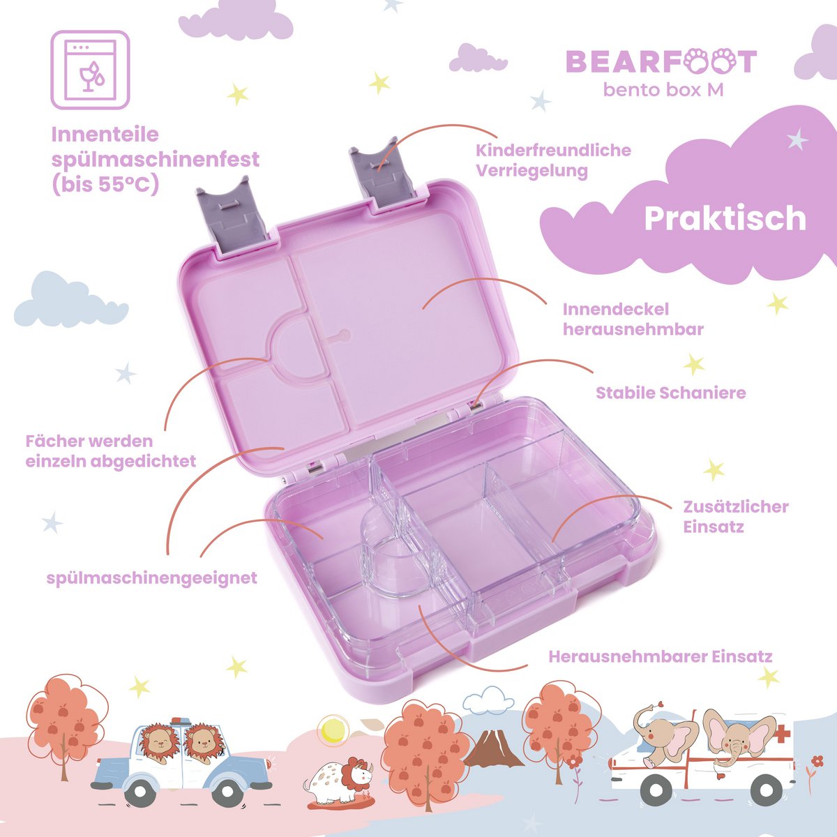 Kinder Brotdose Bento Box – Lila mit Hund & Katze