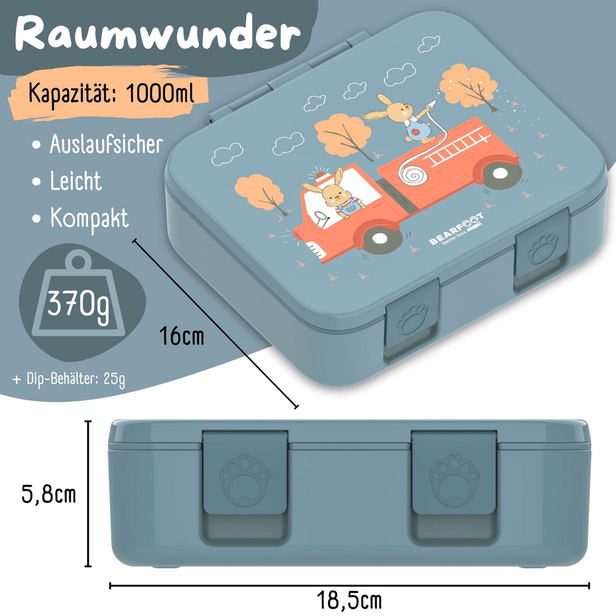COMPACT Kinder Brotdose Bento Box - Hase & Feuerwehr