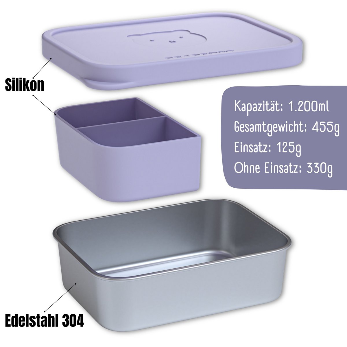Kinder Brotdose Edelstahl mit Silikoneinsatz - Lavendel